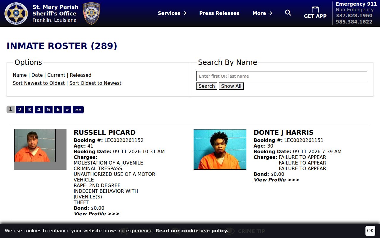 St. Mary Parish active warrants inmate roster name search field