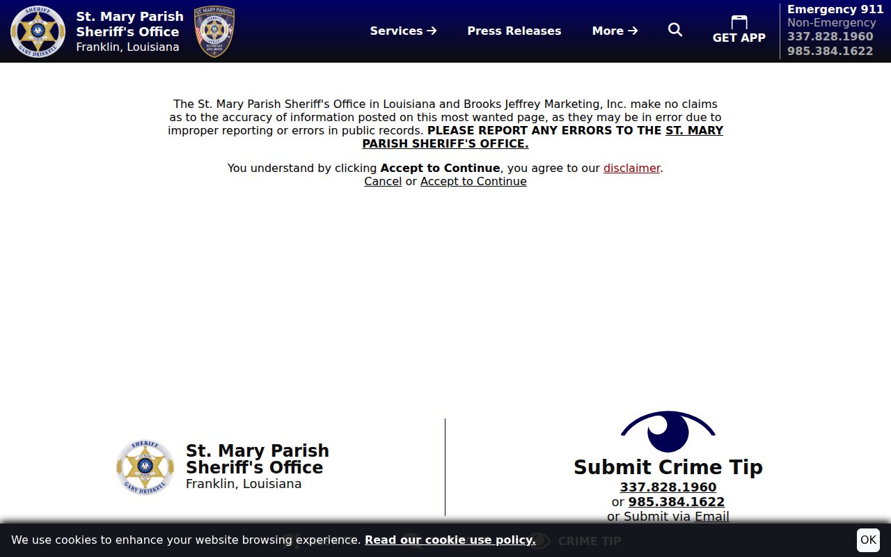 St. Mary Parish most wanted warrant accuracy disclaimer page