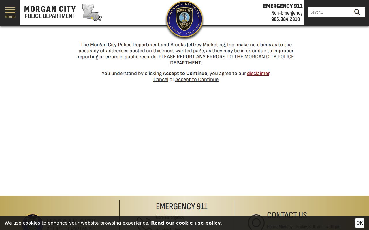 Morgan City warrant records most wanted disclaimer page