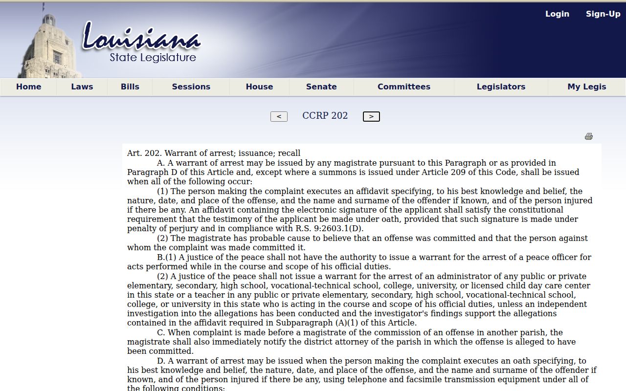St. Mary Parish arrest warrant Article 202 probable cause text