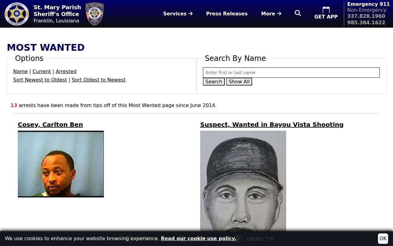 St. Mary Parish most wanted warrant program search interface